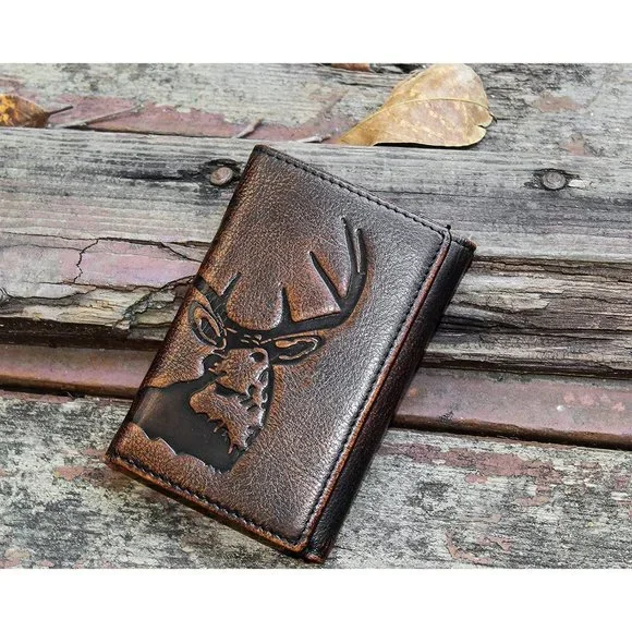 Men Full Grain Leather with Hand Burnished TriFold  Black and Brown color Wallet - Picture 3 of 7